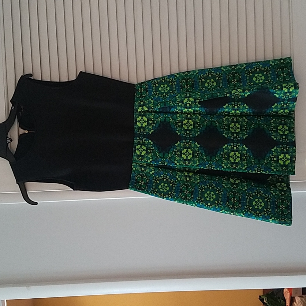 Dress, black bodice, green patterned bottom, A line, knee length
